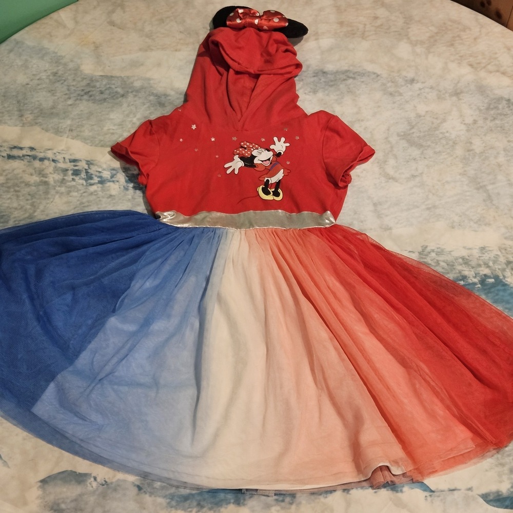 Disney Minnie Mouse Patriotic Tulle Twirl Dress Girls Size 10/12 Hooded